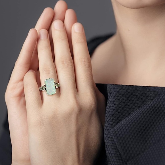 RESTOCK New Vintage Style Fire Opal Rectangular Cocktail Ring -Silver Opal Retro - Picture 4 of 16